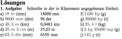 Arbeitsblatt mit Lösungen Größen umrechnen